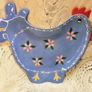 Whimsical Folk Art, Blue Chicken Plate with Pink Floral Design