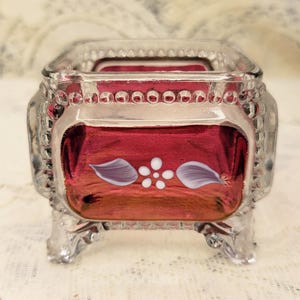 Westmoreland Ruby Flashed Glass Trinket Box, Hand-Painted Mary Gregory Style, No Lid, Vintage Decor