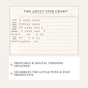 May include: A beige star chart titled "THE ADULT STAR CHART" with the subtitle "-FOR THE EVERYDAY PRODUCTIVE WINS-". The chart includes sections for tracking habits like workouts, skincare, and reading. Text at the bottom reads "PRINTABLE & DIGITAL VERSIONS INCLUDED".