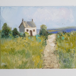 Irish Cottage Painting, Coastal Countryside Landscape, Seaside Path, Original impasto Oil Art