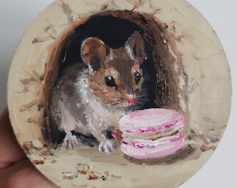Oil Painting Mouse with Pink Macaron Miniature Art on Wood Whimsical Animal Wall Decor