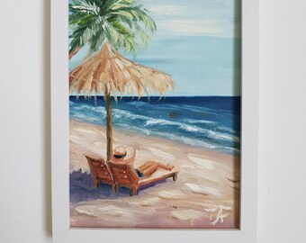 Mujer en la playa. Pintura al óleo original tropical enmarcada. Arte costero con palmeras.