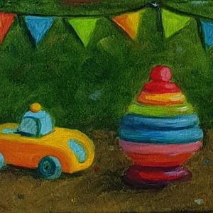 Cachorro juguetón y juguetes – Pintura al óleo original de 15×42 cm – Arte mural infantil con perro y coches