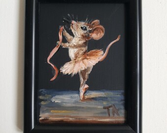 Oil Painting Dancing Mouse Ballerina – Mini Framed Original Art, Nursery Wall Decor
