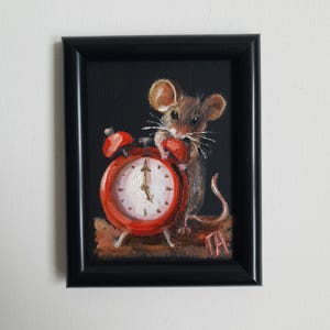 Oil Painting Mouse With Alarm Clock Miniature Art Whimsical Animal Wall Decor