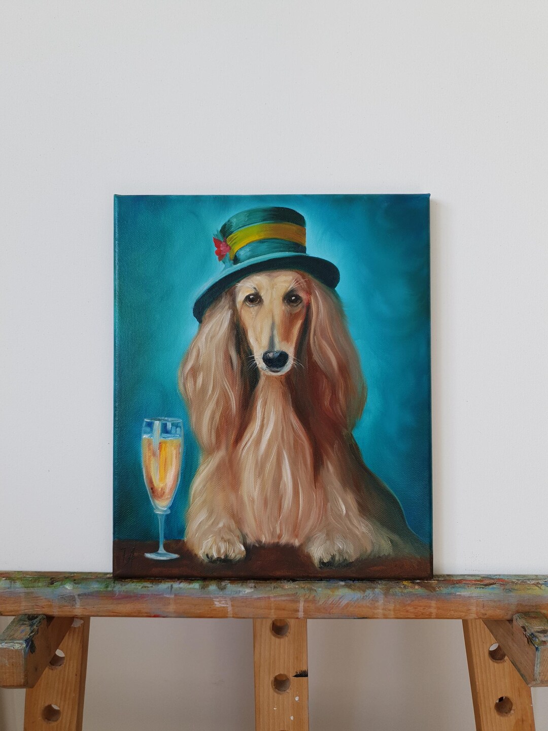 Afghan Hound Dog Oil Painting – Dog in Hat With Champagne – Whimsical ...