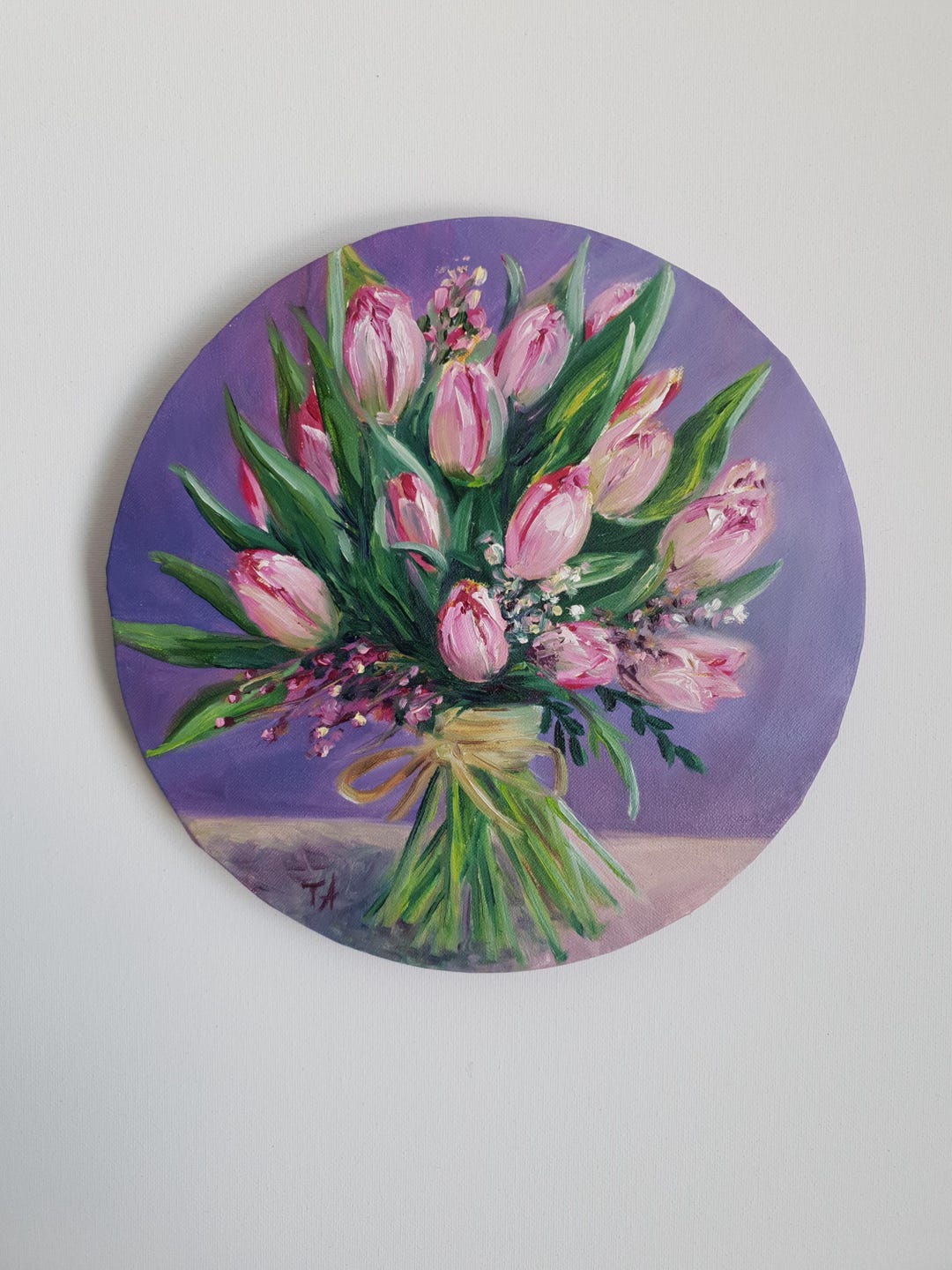 Tulip Bouquet Oil Painting on Round Canvas: Pink Floral Wall Art - Etsy