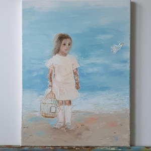 Original Oil Painting: Girl with Birdcage - Coastal Child Portrait 30x40cm
