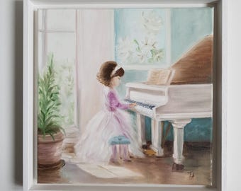 Kira Oda 油彩画 女性とピアノ 織田 広比古 『ピアノレッスン』 油彩画 - 北海道画廊