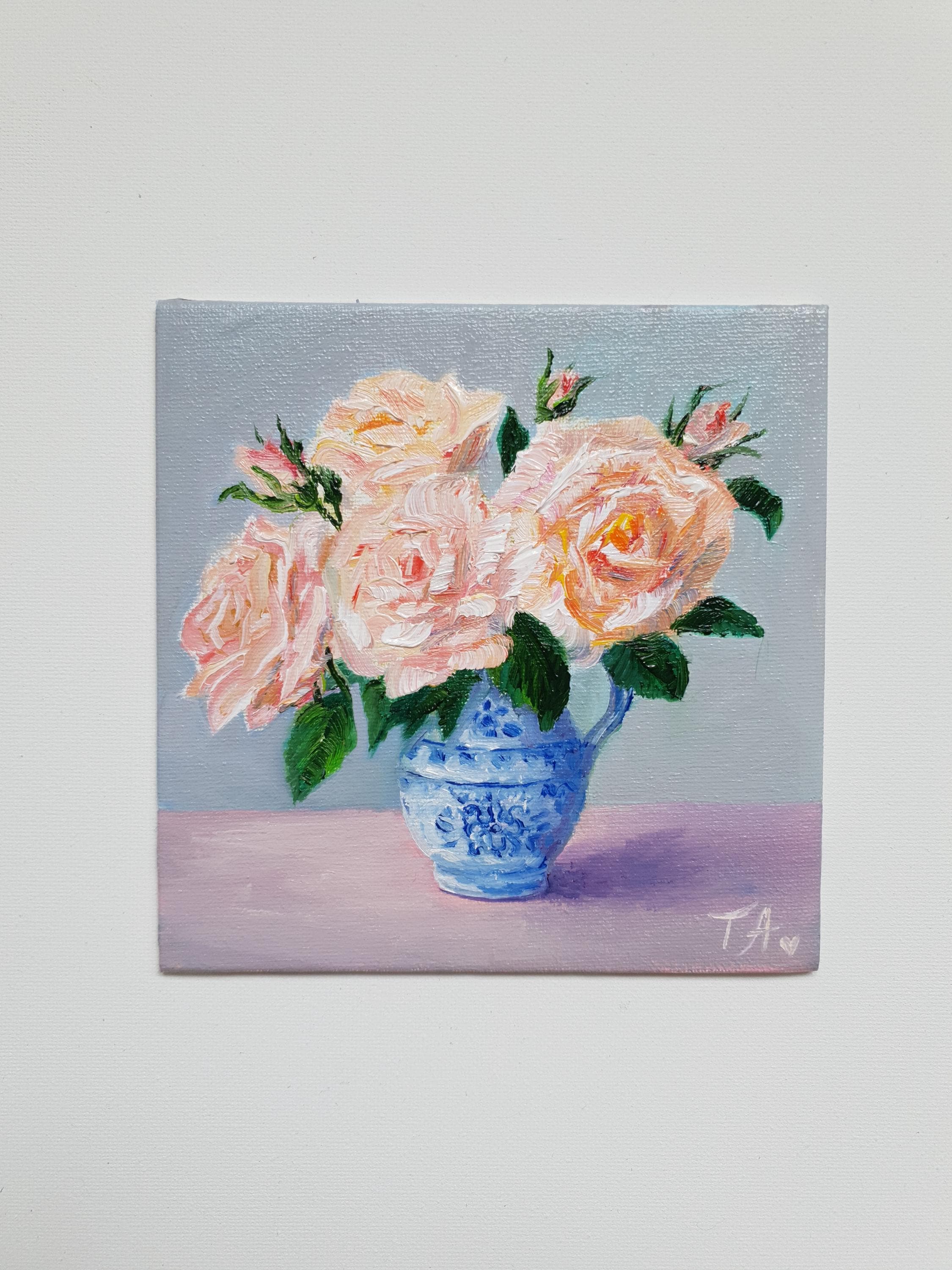 桃色のバラの油絵：青い花瓶の静物画、小花のアート - Etsy 日本