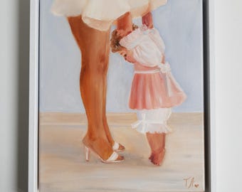 Mother and Daughter,Father and Son,  Original Oil Painting , Tender Family Art