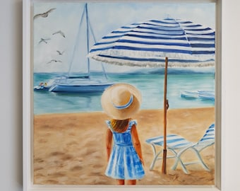 海辺の女性 油絵 ビーチで夢見る少女 アート風景 アートキャンバス