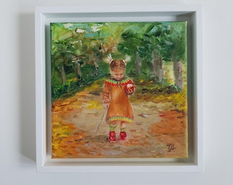 Pintura al óleo original: Niña con manzana en el bosque otoñal (lienzo de 20 x 20 cm)