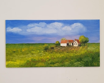 Olieverfschilderij van een boerderijweide, landelijk landschap, kunst voor een landhuis, originele decoratie van een groen veld.