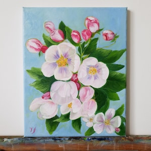 Apple Blossom Painting – Original Oil Painting– Spring Floral Wall Art – Pink and White Flowers – Botanical Home Decor – Gift for Her