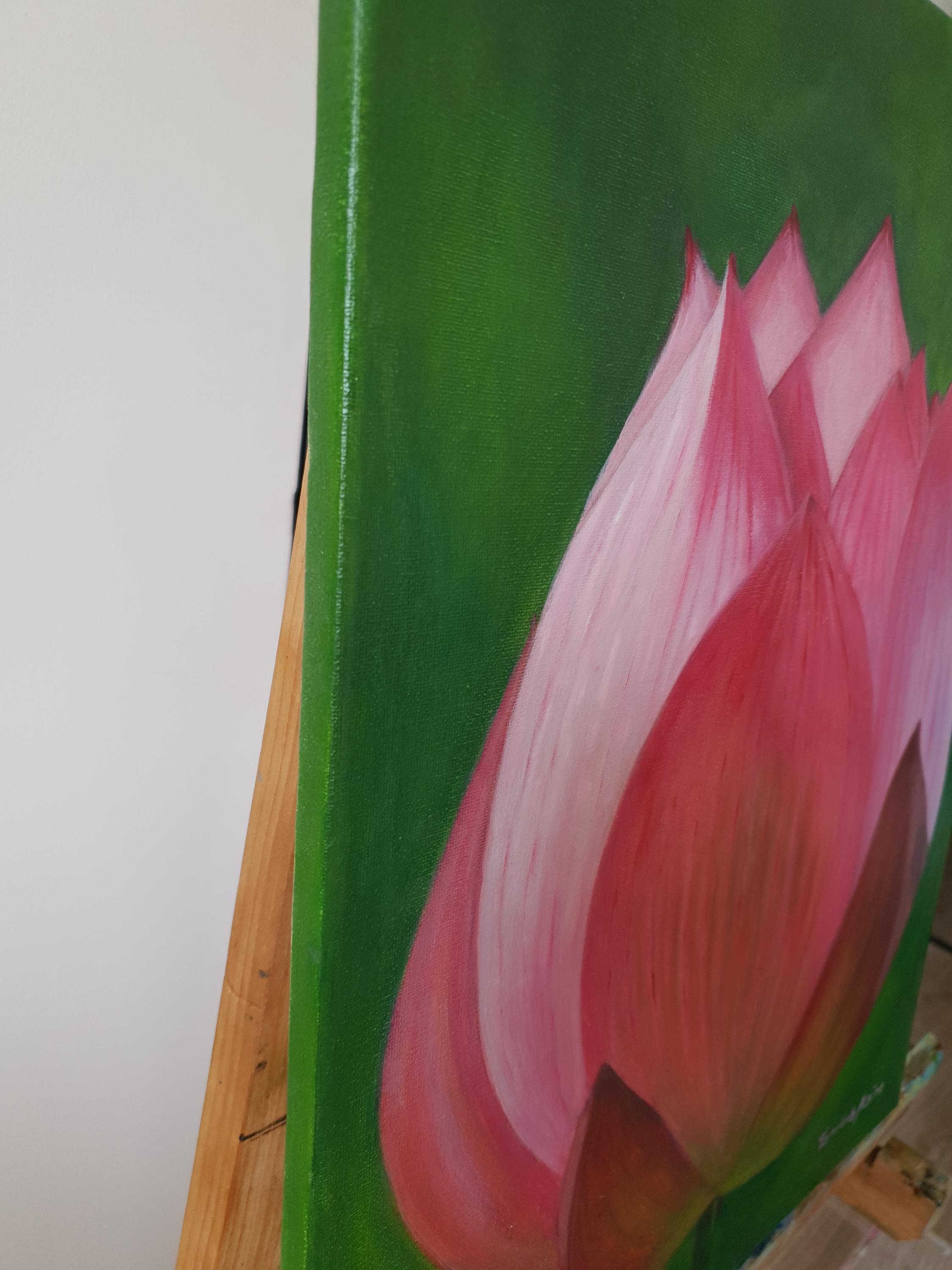 ピンクの蓮のつぼみの油絵：オリジナルの植物禅アート、40 x 50