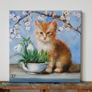 Ginger Kitten and Snowdrops Original Painting – 30x30 cm Oil on Canvas – Spring Cat Art – Floral Wall Decor – Animal Lover Gift