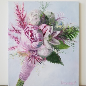 Bridal Bouquet Oil Painting: Romantic Floral Wedding Art, 30x25 cm