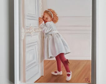 Niña jugando al escondite (pintura) Óleo original sobre lienzo