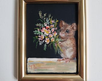 Oil Painting Mouse with Flowers – Mini Framed Original Art, Small Animal Painting