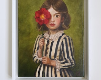 Girl with Red Flower – Original Oil Painting on Canvas 30x24 cm