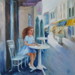 Pariser Café Ölgemälde: Mädchen im blauen Kleid, impressionistische Kunst