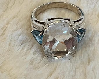 Vintage 3 Gemstone Sterling Silver Statement Ring  - size 5.75 - blue topaz colorless topaz