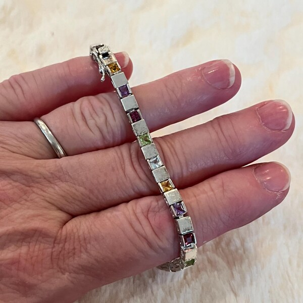Vintage Sterling Silver Multicolor Gemstone DBJ Bracelet 7”