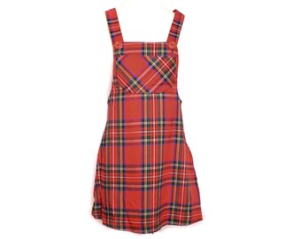 red & black plaid overall dress