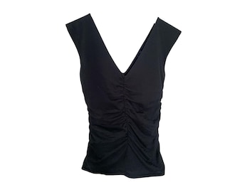 Y2K Ruched Blouse 1990s Black V Neck Crop Top Vintage 2000's Stretchy Fitted Ruched Pleated Tank Top Romantic Goth Grunge  Size - Medium/M