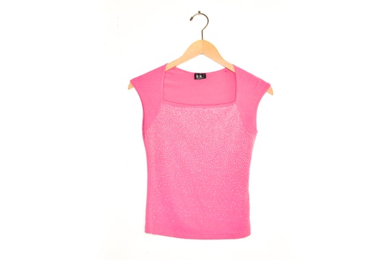 Y2K Pink Blouse Vintage 00s Crop Top Glitter Text… - image 6