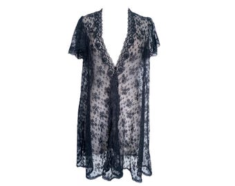 70's Floral Lace Duster Coat Cap Sleeve Floral Sheer Mesh See Through Lace V Neckline 1970s Lingerie Black Lace Duster Jacket  Nightwear -S