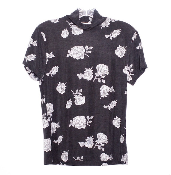 90's Floral Top 1990's Blouse Shirt Black White F… - image 2