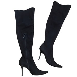 Y2K  Black Leather Boots Stilletoe Heel Pointy Toe Boots Black Suede Leather Y2K Club Rave Vintage Bebe 00&#39;s Over The Knee Boots  Size 6 1/2