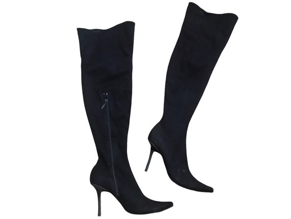 Y2K Black Leather Boots Stilletoe Heel Pointy Toe Boots Y2K Black Leather Boots Stilletoe Heel Pointy Toe Boots