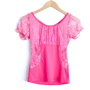 Pink 90&#39;s Bustier Top Lace Peasant Blouse Top 90s Y2K Top Boho Grunge Y2K Vintage 00&#39;s Stretchy  and Fitted Festival Grunge - M