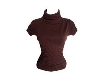 Y2K Brown Turtleneck Shirt 90s Short Sleeve Shirt Boho Grunge Hippie Basic Top Normcore Pullover Simple Plain Layering Vintage 2000s S/M