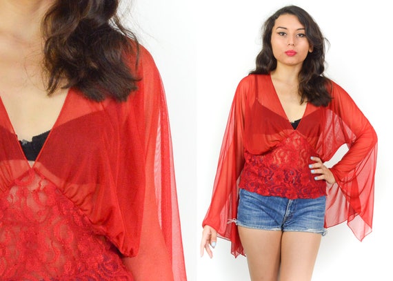 red sheer long sleeve shirt