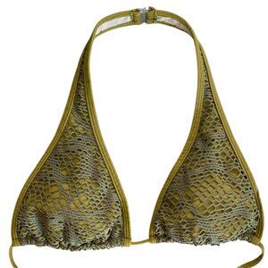 May include: A green halter-style bikini top with a mesh design. The top has adjustable straps and a clasp closure in the back.