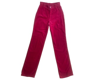 Pantalones de terciopelo rojo de los años 70 Pantalones de esmoquin de pierna recta acampanada Pantalones de cintura alta Hippie Satén Bolsillos de rayas 1970 Boho Vintage Boho- 24"-XXS