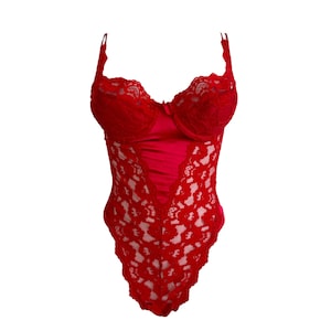 Red Lace Bodysuit 80&#39;s Satin Lace Top Festival Grunge Romantic See Through Lace High Cut Leg Body Con Vintage 1980&#39;s Bodysuit - Small