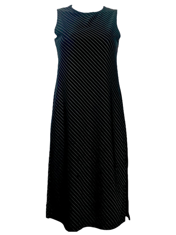 90s PINSTRIPE Black Midi Dress Y2K Clinging Black… - image 2