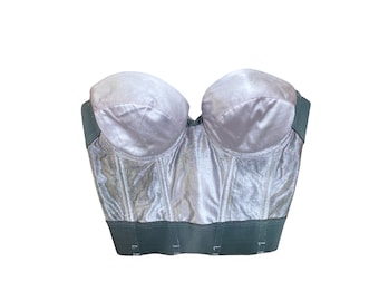 Plata Bustier Corset Lencería Bra Deshuesado 80s Strapless Top Vintage Sweetheart Escote 1980s Sin espalda Cinched Tamaño de cintura - Mediano/M