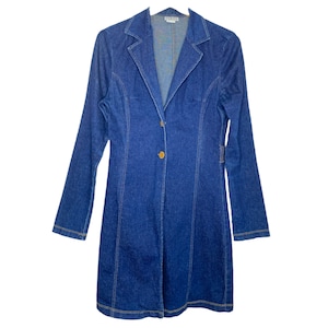 Y2K Denim Jacket Jean Jacket Long Y2K Blue Denim Shirt Coat Long Sleeve 2000's Fitted Stretchy Jean Coat V Neckline Size Small