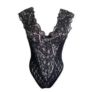 80&#39;s Frederick&#39;s of Hollywood Bodysuit Floral Lace Low Back Sheer Black Festival Grunge Blouse See Through Vintage 1980s Lingerie Gothic - M