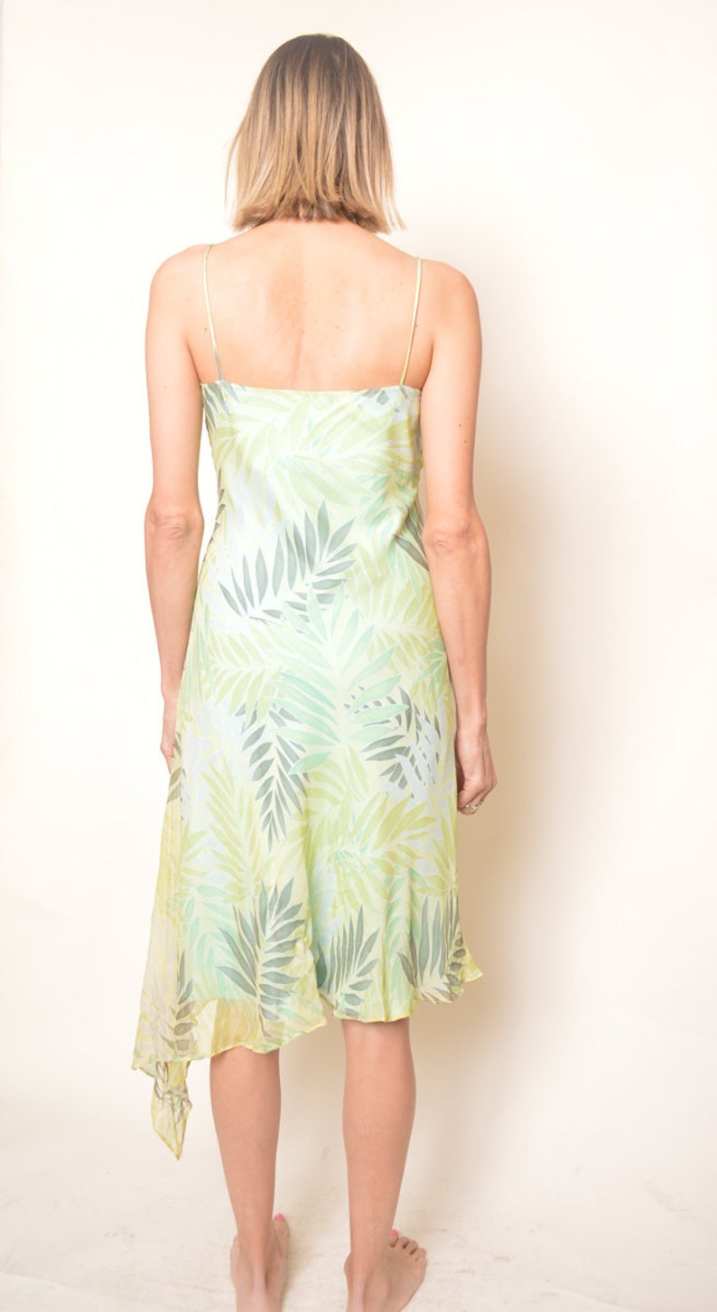 Green Silk Midi Y2K Floral Grunge Dress Y2k Asymmetric Floral Boho Bohemian Shift Sun Sheath Vintage Spaghetti Strap Retro Small Medium