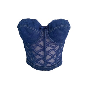 80&#39;s Bustier Blue Lace Bustier Top Mesh Blue See Through Floral Hand Dyed  Backless Vintage 1980&#39;s Lingerie Festival Grunge Boho Size - 36C