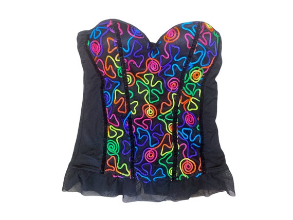 Black Mesh Bustier Y2K Neon SWIRLY Texture Bustie… - image 1