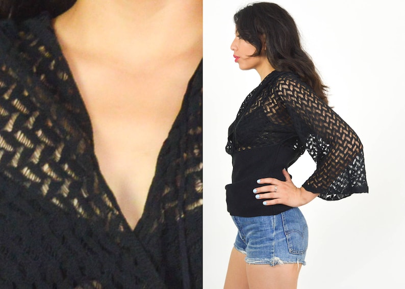 90/'s Flare Sleeve Crochet Sheer ZIG ZAG TOP Black Knit Top Mod Grunge Minimalist Witchy Disco 70/'s Size Large V Neck