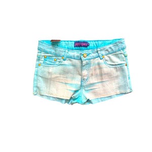 Y2K Denim Shorts Low Waist Blue Gold Rhinestone Embroidered Micro Short 2000s Denim Jean Shorts Vintage Low Rise Waist Short Size L/Large
